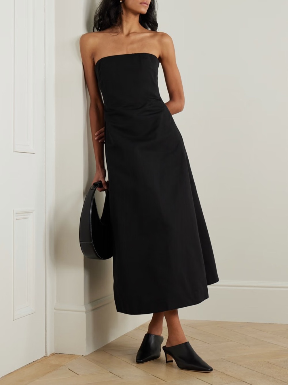 STAUD Kennedy strapless cotton-blend grosgrain midi dress